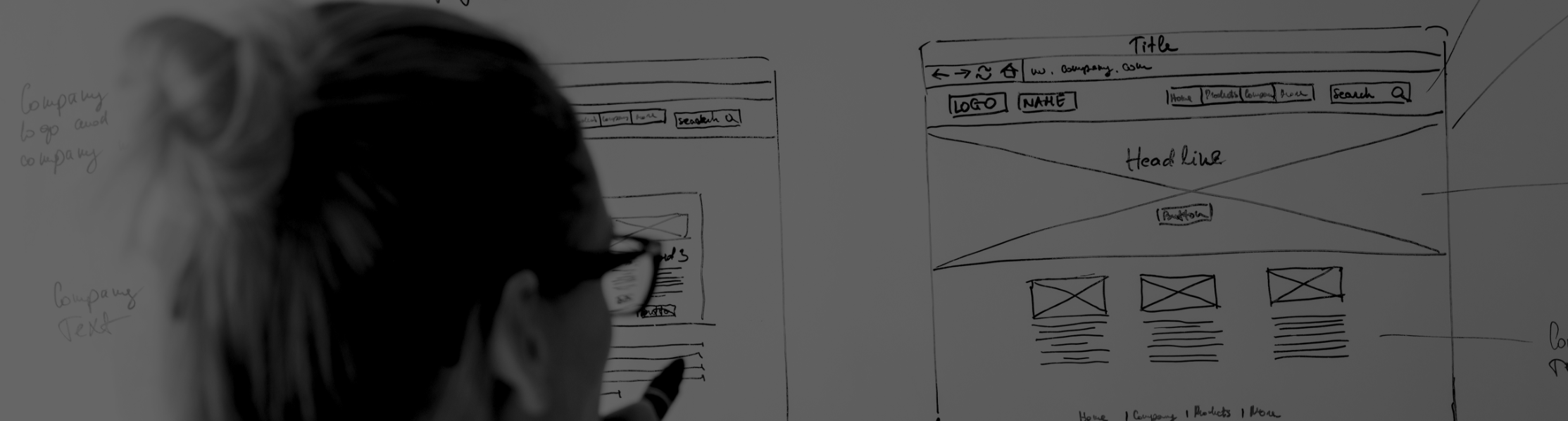 Image of a woman working on a whiteboard for website wireframes